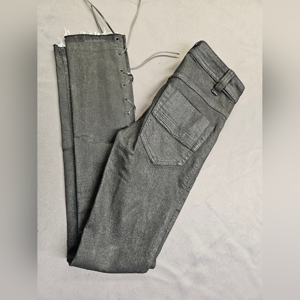 Free People Jeans Womens 24 Black Button Fly Distressed Leather Lace Up Side Hem